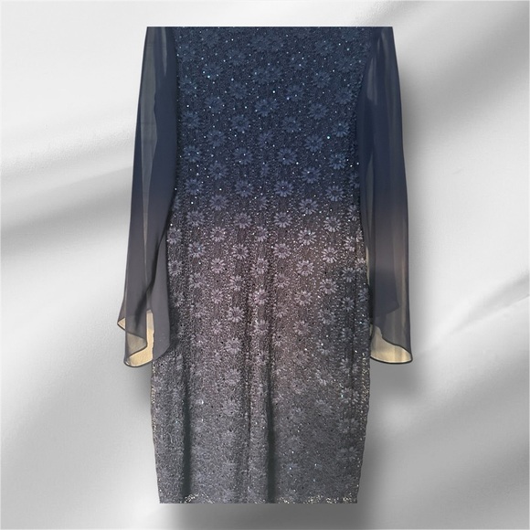Connected Apparel, Classy and Elegant Navy Sequin Lace Dress with Sheer Sleeves - Picture 4 of 7